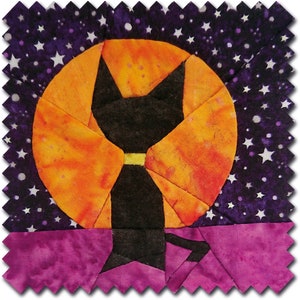 May include: A fabric square featuring a black cat silhouette with a yellow collar, set against an orange moon. The background is a starry night sky in purple, with a purple base. The design is a patchwork or quilt block, perfect for Halloween-themed crafts.