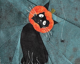 Black Cat Pumpkin Quilt Block Pattern - Halloween Cat Pumpkin Spider Quilt Block Applique pdf