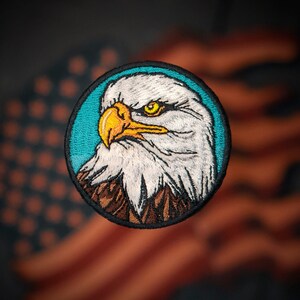 Può includere: Un primo piano di una toppa ricamata che raffigura un'aquila calva con la testa bianca e le penne marroni. Gli occhi dell'aquila sono gialli e il suo becco è arancione. La toppa è circolare e ha uno sfondo blu.