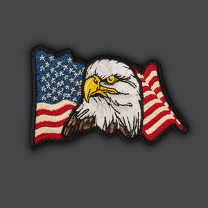 Puede incluir: Una bandera americana roja, blanca y azul con un águila calva bordada en la parte superior. El águila tiene un pico y ojos amarillos.