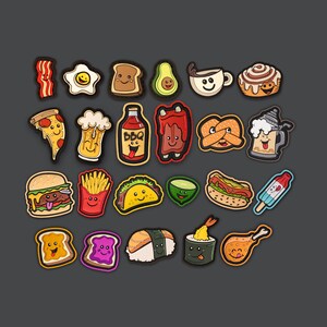 May include: A collection of colorful food-themed cartoon stickers. The stickers include a smiling fried egg, avocado, pizza slice, burger, taco, hot dog, sushi, and more. Each sticker has a black border and is set against a gray background.