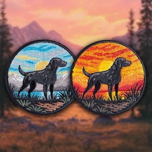 Può includere: Due toppe rotonde ricamate con la silhouette di un cane nero. Una presenta un cielo blu e una scena lacustre con un sole giallo. L'altra raffigura un tramonto arancione e giallo. Entrambe le toppe hanno un bordo nero.