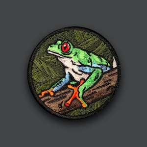 Op de afbeelding: Gestikt patch met een groene en rode kikker met blauwe en oranje accenten die op een bruine tak met groene bladeren zit.