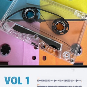 May include: A clear cassette tape with black tape spools is positioned over a background of colorful cassette tapes in blue, yellow, pink, and orange. The text "VOL 1" is displayed, along with audio specifications.