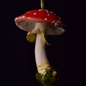 Handmade Fly Agaric Mushroom Sculpture | Hanging Ribbon Ornament | Whimsical Fairy Mushroom Art Decor