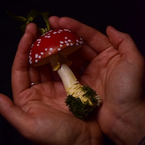 Handmade Fly Agaric Mushroom Sculpture | Hanging Ribbon Ornament | Whimsical Fairy Mushroom Art Decor