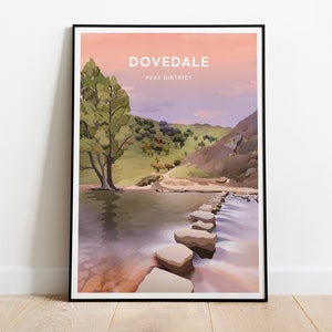 Dovedale Stepping stones, Ilam, Peak District. Art Print / Travel poster. Modern Style.