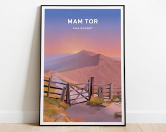 Könnte beinhalten: Eine farbenfrohe Illustration von Mam Tor, einem Berg im Peak District, England. Das Bild zeigt einen Weg, der zu einem Tor führt, mit einem Sonnenuntergang im Hintergrund.
