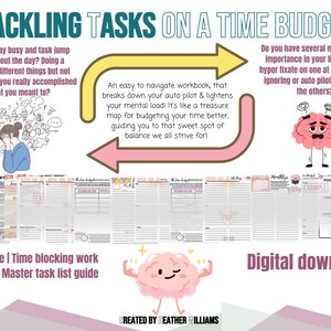 Peut inclure: Un téléchargement numérique pour un classeur de blocage du temps de 16 pages et un guide de liste de tâches principal. Le classeur présente des illustrations de cerveaux avec différentes expressions et un texte qui lit "Tackling Tasks on a Time Budget".