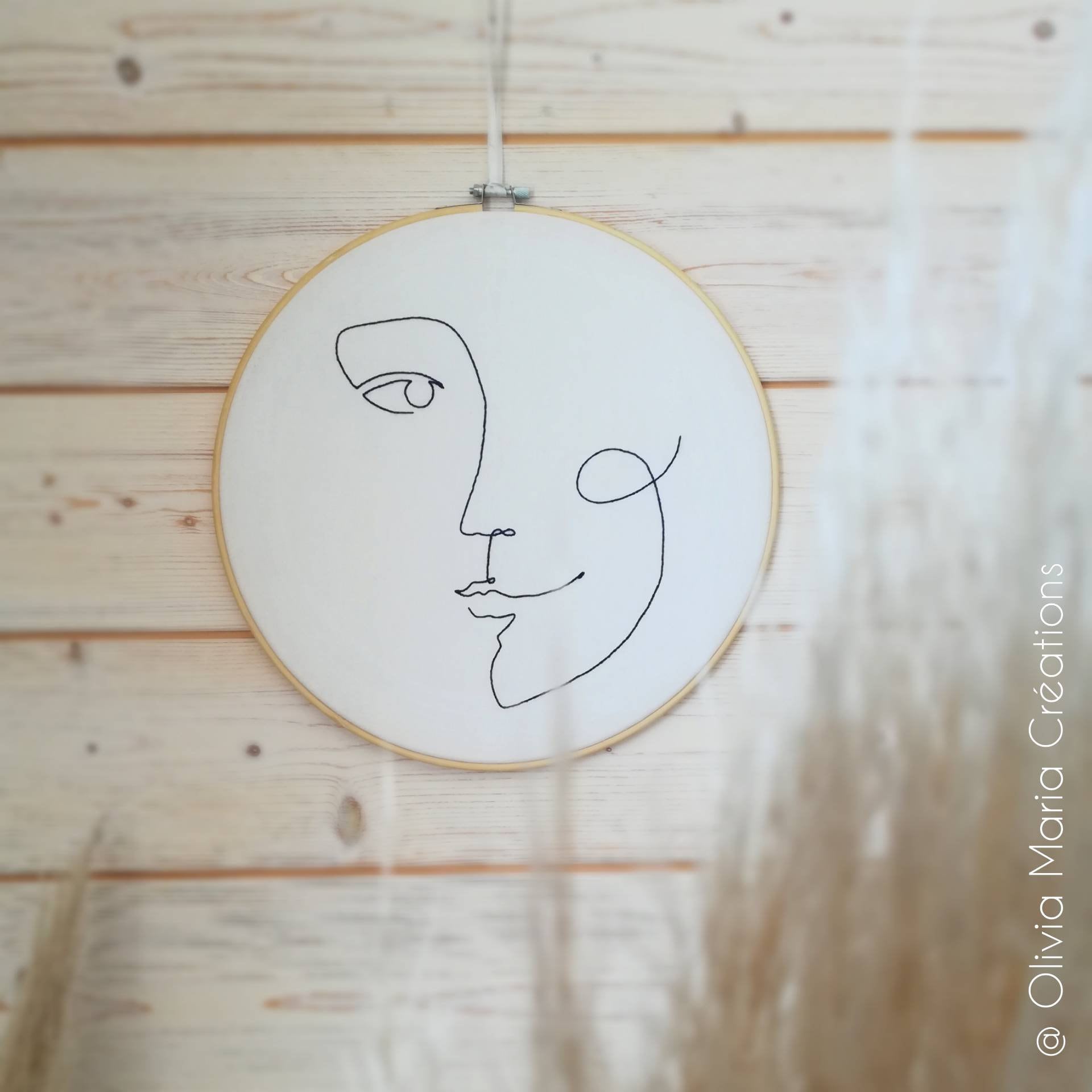 Décoration Tableau Visage Abstrait Minimaliste One Line Art, Cerceau Broderie Dessin, Mona Risa Oliv