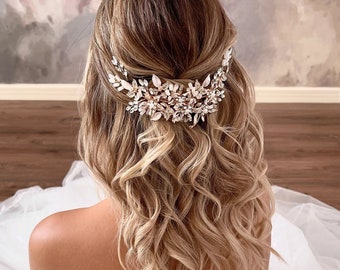 Bridal headpiece wedding hair comb rose gold headpiece Bridal Hairpiece floral hair adornment bridal shower crystal headpiece hair accessory