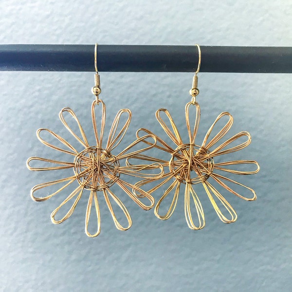 Gold  Copper & Pink Wire Flower Earrings | Wire Earrings | Wire Jewelry | Flower Earring | Statement Jewelry | Gift For Her