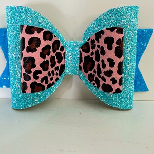 Blue Glitter Cheetah Print Hair Bow - 5 Inch Alligator Clip