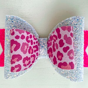 Cheetah Print Glitter Hair Bow: Hot Pink Leopard, Iridescent Sparkle