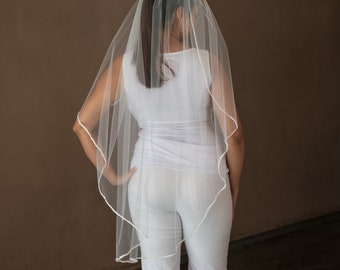 One-tier Beaded Edge Wedding Veil Fingertip Bridal White