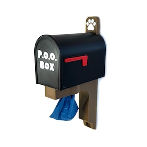 May include: A black mailbox with the text "P.O.O. BOX" in white. The mailbox has a red flag and a paw print on top. A blue bag hangs below the mailbox.