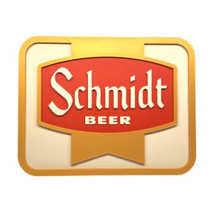 May include: A rectangular sign with rounded corners features the text "Schmidt BEER". The word "Schmidt" is in a stylized white font on a red background. The sign has a gold border and a gold ribbon-like element at the top and bottom.