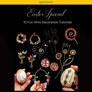 Könnte beinhalten: Oster-Spezial: 10 lustige Draht-Dekorations-Anleitungen. Eine Sammlung von Drahtarbeiten mit bunten Perlen und Drahtdesigns, darunter ein Vogel, ein Hase, ein Kranz und Eier.