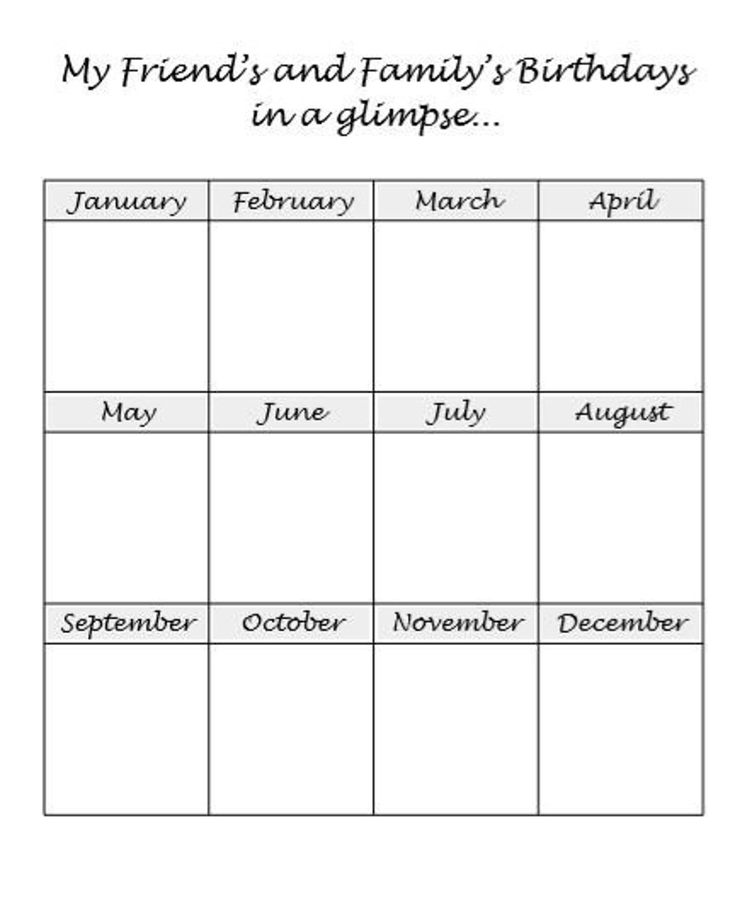 Printable Friend's and Family's Birthdays, Digital Download, Calendar ...
