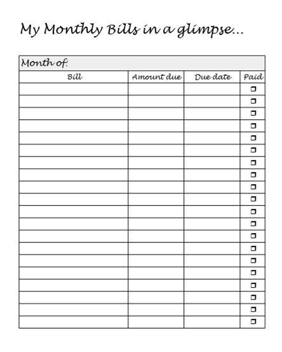 Printable Monthly Bills Organizer, Digital Download, Budget, Planner, PDF,  8.5 X 11 