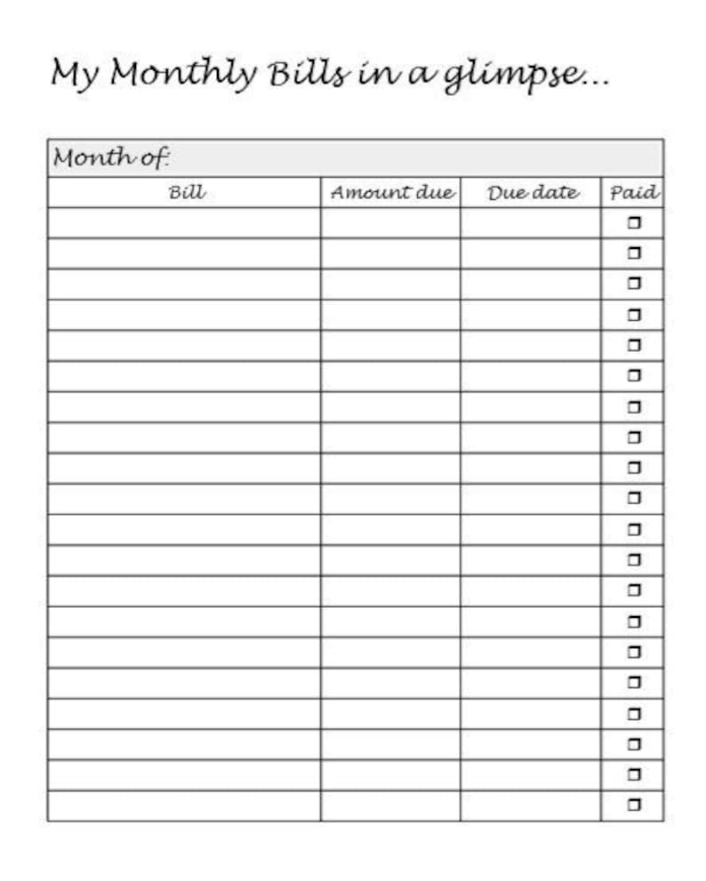Printable Monthly Bill Organizer Download