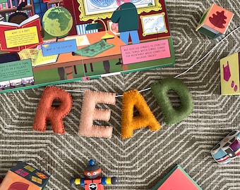 Letrero de lectura para decoración de sala de juegos, rincón de lectura, guirnalda de fieltro con letras, decoración de guardería para niños