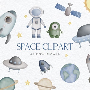 Watercolor space clipart - Cute space rocket - Watercolour planets - Astronaut and Aliens - Solar system - PNG files