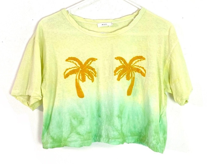 Upcycled Embroidered Palm Tree Chest Custom Ombre Tie Dye Womens Cropped Tshirt Small Free Shipping