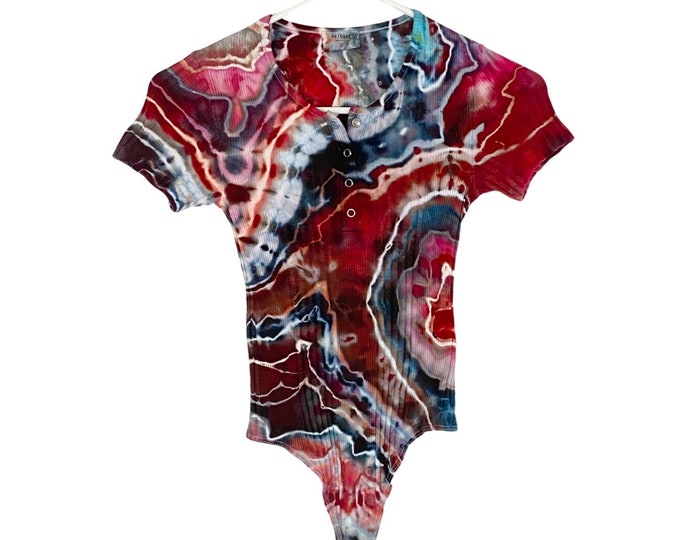 Re/Done Henley Bodysuit Womens XS Geode Tie Dye Ribbed Thong Short Sleeve REDONE