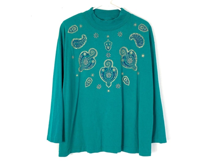 Vintage 80s Mock Neck Printed Long Sleeve Top with Shoulder Pads Aqua