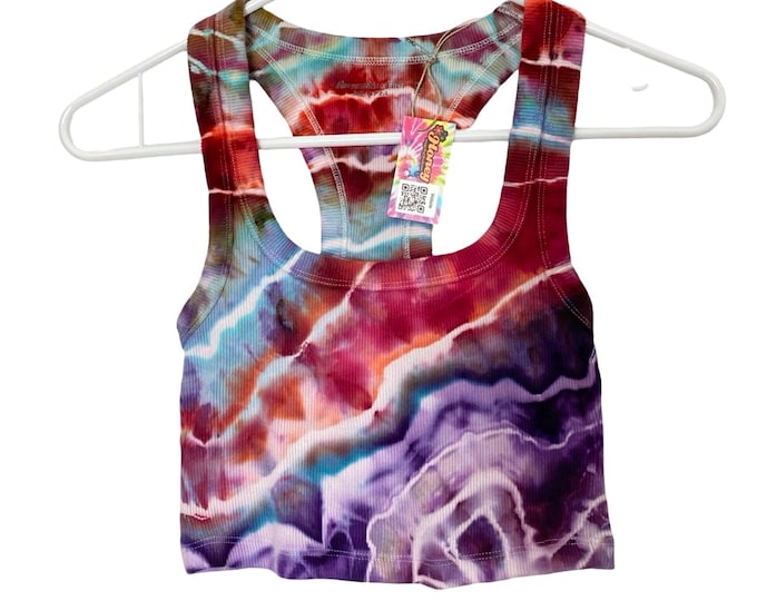 OOAK Ice Tie Dye Ribbed Tank Top Womens Size XS Crop Handmade Geode Multi Racer