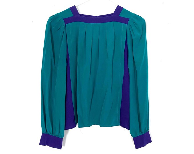 Vintage Joanie Char 100% Silk Boxy Pleated Womens Teal Purple Blouse Medium