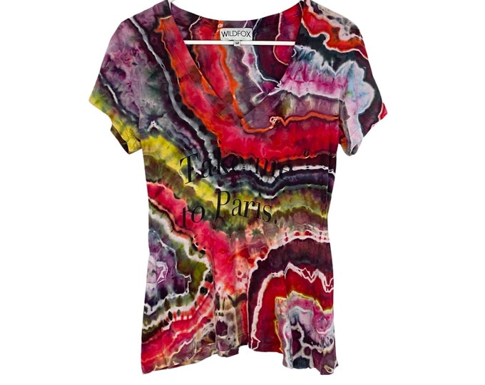 WILDFOX Tie Dye Tee Tshirt Top Womens Medium Take Me To Paris V Neck T-Shirt Handmade Geode Tie Dye