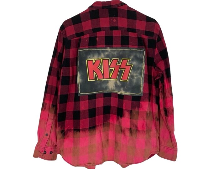 KISS Band Flannel Shirt Mens Medium Large Unisex Buffalo Plaid Red Black Free Shipping Upcycled Handmade Button Down Long Sleeve Shirt