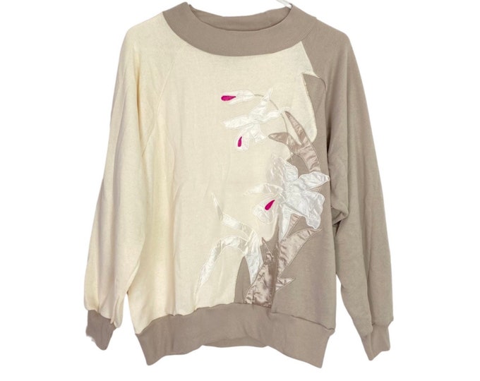Vintage 80s Granny Pullover Crewneck Sweatshirt Womens Small Oversized Floral Satin Ivory Tan Free Shipping