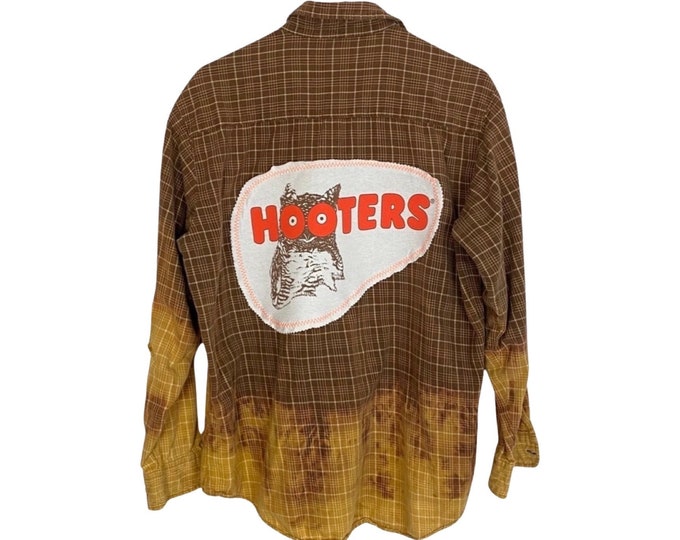 Hooters Flannel Shirt Mens Large Unisex Free Shipping Handmade Upcycled Reworked Bleached Plaid Flannel Button Down Shirt Orange Brown