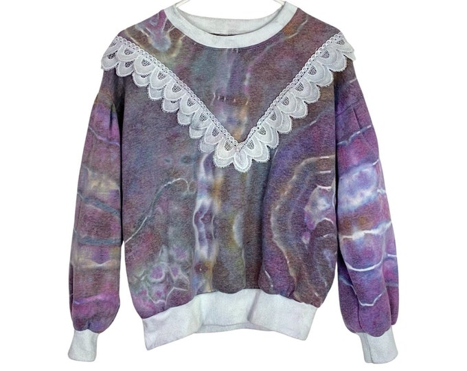 Handmade Vintage Cottagecore Geode Tie Dye Sweatshirt Pullover Womens Medium Purple Lace Grannycore Free Shipping Upcycled