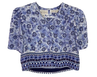 Vintage 90s Floral Cropped Blouse – Blue Rayon Shoulder Pads, Medium