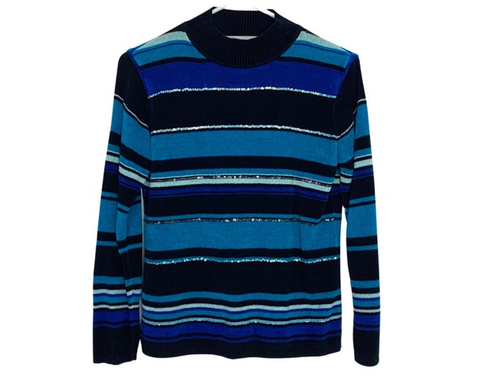 Vintage Y2K Mockneck Sweater Striped Chenille Pullover Womens Medium Blue Black Striped Free Shipping