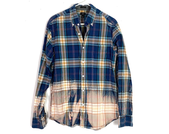 Light Weight Plaid Button Down Shirt Custom Bleached Ombre Long Sleeve Unisex Medium Free Shipping