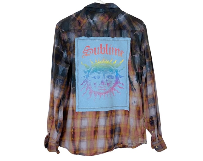 Sublime Band Flannel Shirt Tie Dye Plaid Mens Unisex Medium Unisex Gender Neutral 90s Music Upcycled Boho Custom Made Free Shipping