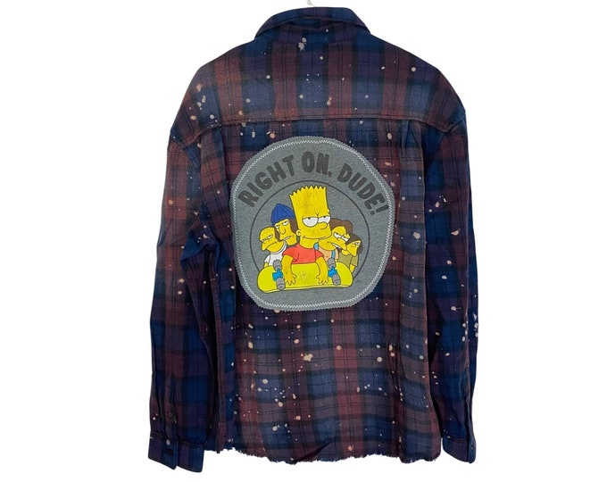 Bart Simpson Flannel Shirt Reworked Bleached Plaid Flannel Button Down Shirt Shacket Mens Size Large Unisex Handmade Blue Free Shipping