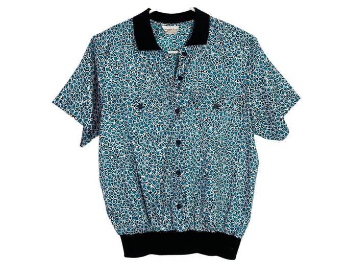 EUC Vintage 80s Satin Pebble Print Bloused Button Down Top Womens Medium Teal Free Shipping