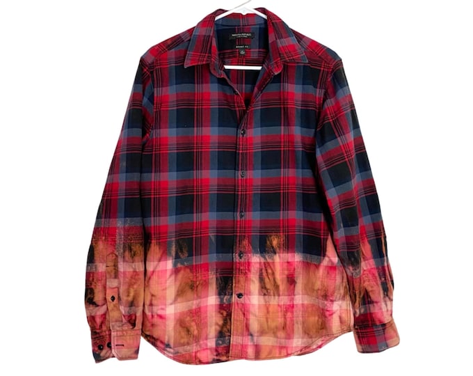 Plaid Button Down Shirt Upcycled Ombre Bleached Men’s Womens Unisex Medium Red Black Gray Free Shipping