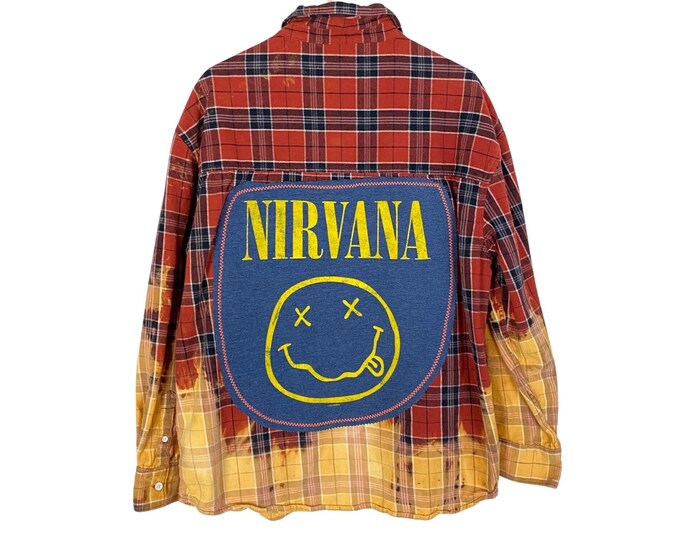 Nirvana Band Flannel Shirt Upcycled Bleached Plaid Button Down Mens Unisex Size XL Grunge Red Cream Yellow Reworked Free Shipping