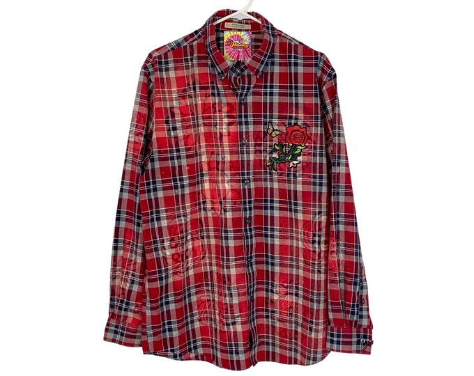 Reworked Boho Plaid Embroidered Floral Bleached Shirt Womens Size Large XL Red