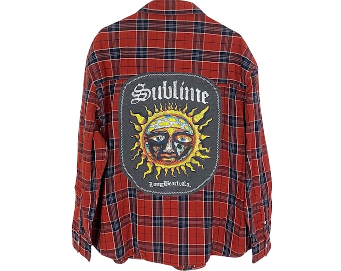 Sublime Band Flannel Shirt Shacket Mens Large XL Unisex Free Shipping Upcycled Handmade Red Retro 90s Button Down