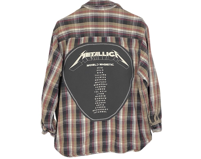 Metallica Band Flannel Shirt Mens Large Unisex Plaid Button Down Shacket Heavy Weight Free Shipping Grey Tan