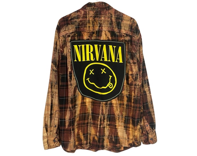 Nirvana Band Flannel Shirt Upcycled Bleached Plaid Button Down Mens XL Unisex 90s Grunge Brown Black Cream Handmade Reworked Free Shipping