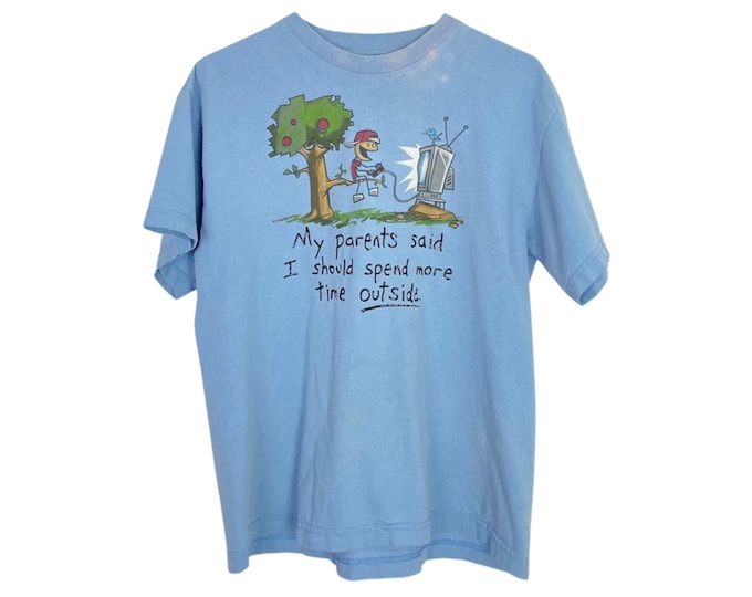 Vintage 90s Hilarious Gamer Tshirt Light Blue Unisex Size Medium Tee T-Shirt Free Shipping